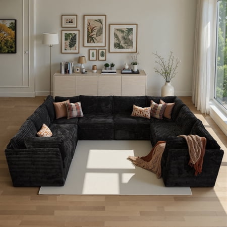 Ovios 8-Piece Modular Sectional Sofa, 127" U-Shaped Living Room Couch, Black(Plush Corduroy)