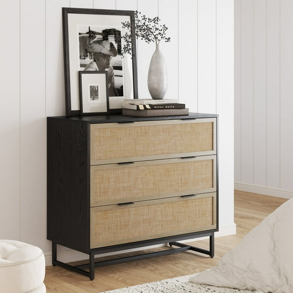 Nathan James Kova Boho Dresser or Storage Cabinet with Drawers for Bedroom or Nursery with Textilene Rattan Accent and Metal Legs, Black Oak