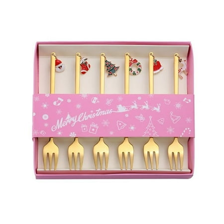 

Xinhuaya 6Pcs Stainless Xmas Coffee Fork Dessert Home Outdoor Tableware Kitchen Accessories New Year Gifts with Box A