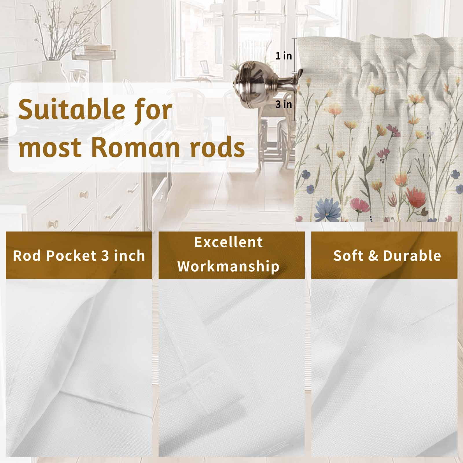 2 Pack Floral Valance for Window Watercolor Leaves Colorful Daisy Linen Background Kitchen Valance Rod Pocket Short Curtain Topper Decorative Window Treatment for Living Room Bedroom 54"x18"