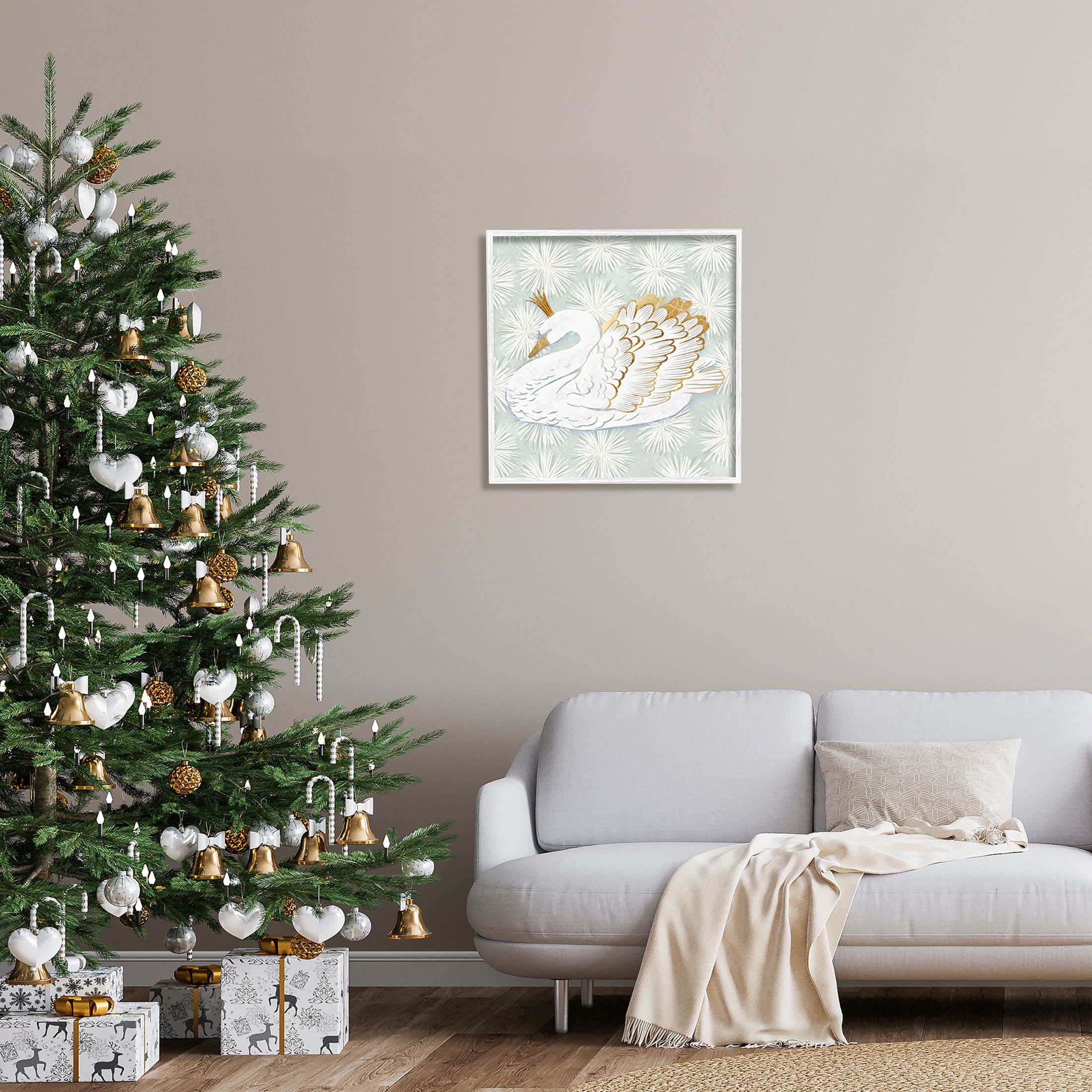 Winter Holiday Swan Pattern Holiday Graphic Art White Framed Art Print Wall Art