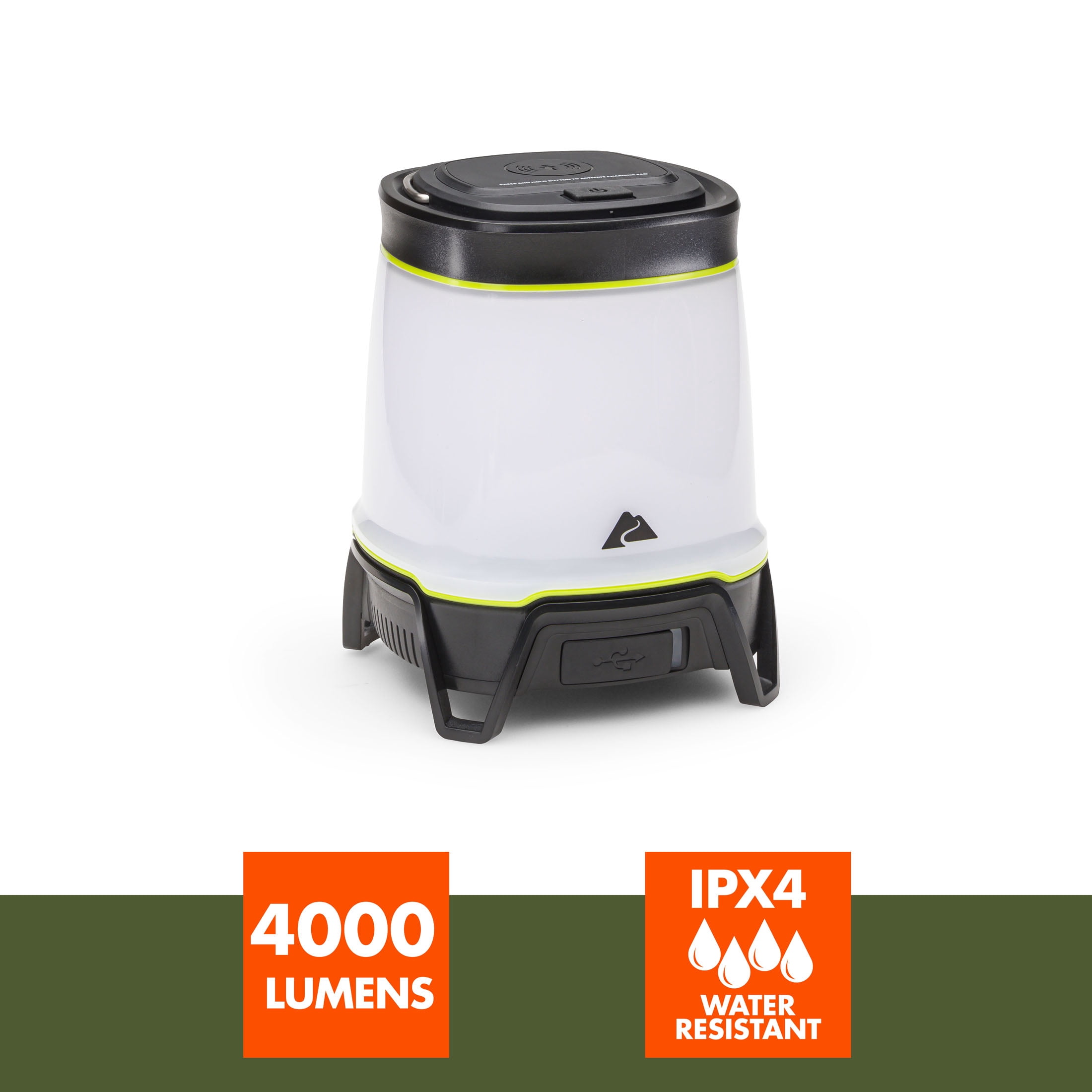Ozark Trail 4000 Lumen Rechargeable LED Lantern with Qi Wireless Charging Pad – 4 Light Modes, Water-Resistant, Green and Gray