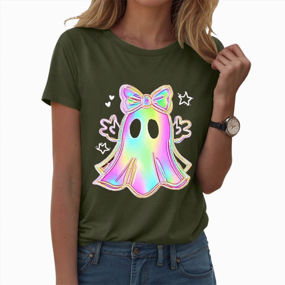 HCNTES T Shirt Women Funny Halloween Spider Bat Graphic Tee Casual Letter Print Fall Pumpkin Tops(M,A523-AG)