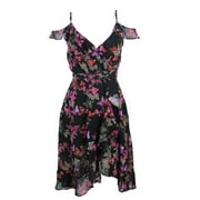 Betsey Johnson Black Printed Cold Shoulder Faux-Wrap Dress 10