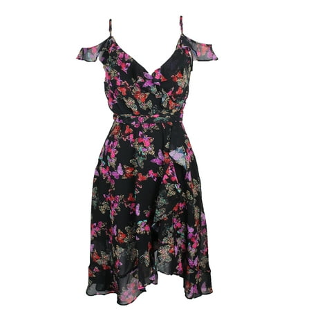Betsey Johnson Black Printed Cold Shoulder Faux-Wrap Dress 10