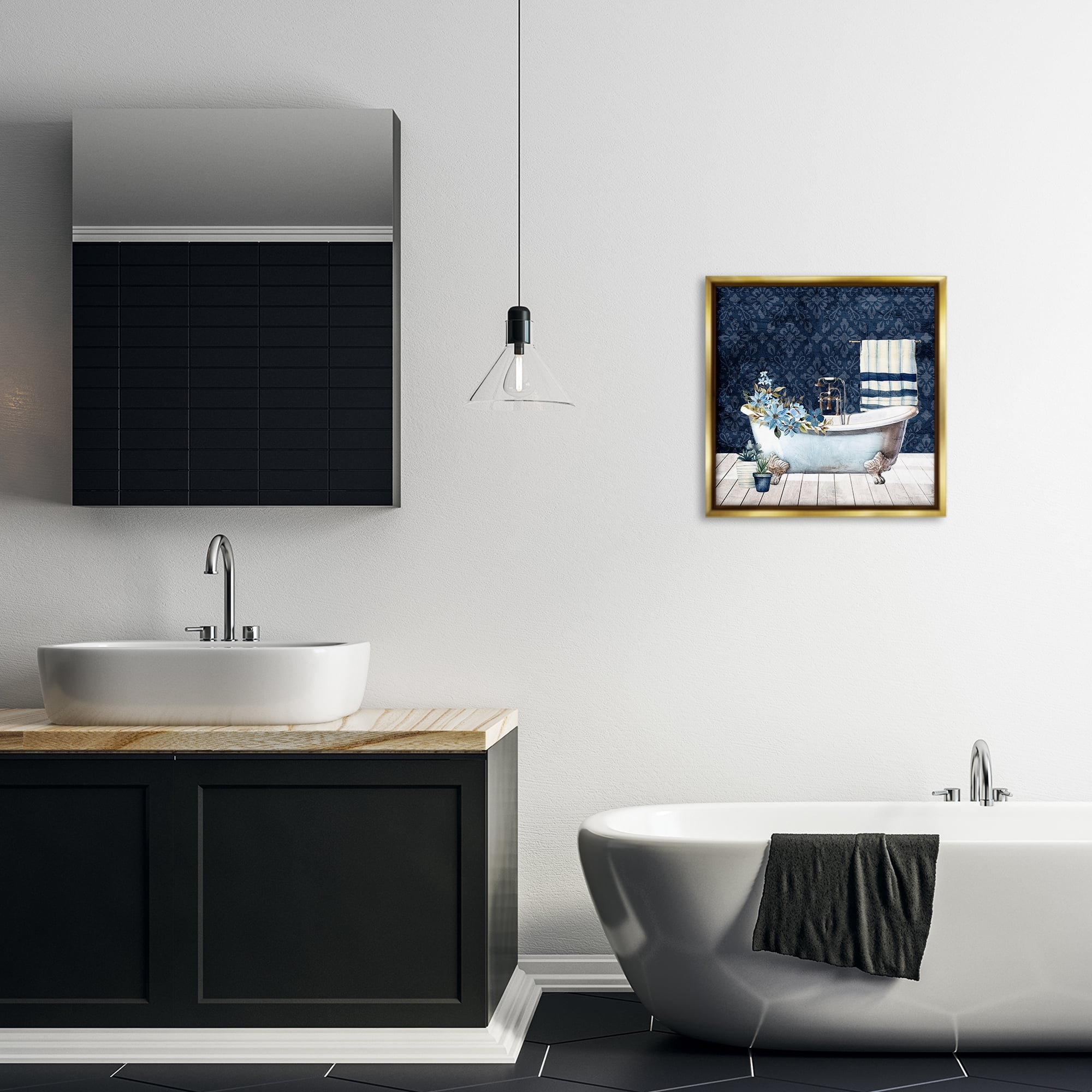 Stupell Industries Blue Damask Bathroom Bath & Laundry Painting Gold Floater Framed Canvas Art Print Wall Art, 18 x 18