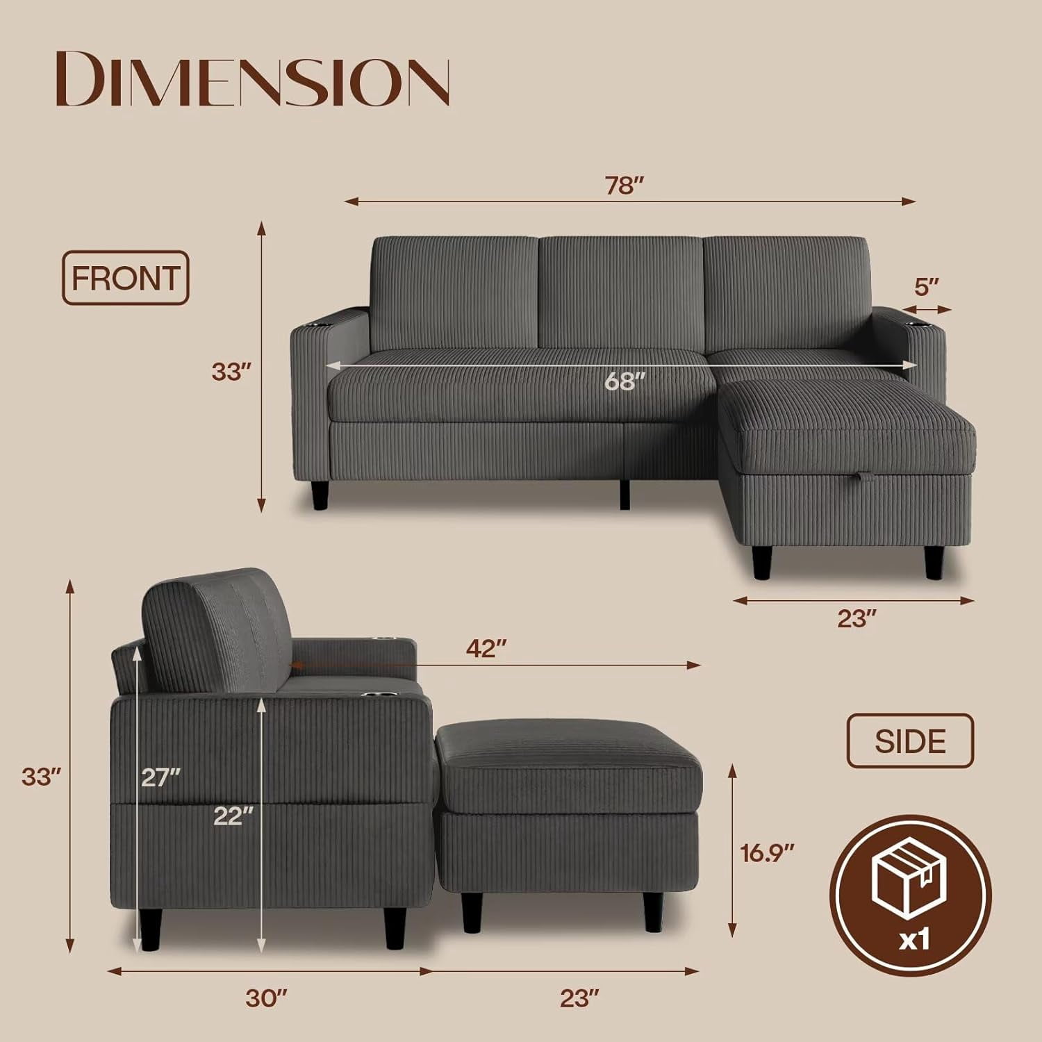 Modern L-Shaped Sectional Sofa with Storage Ottoman and 2 Cup Holders, Convertible 3-Seater Corduroy Couch with Side Pockets for Small Apartments, Living Rooms, and Offices, Dark Gray