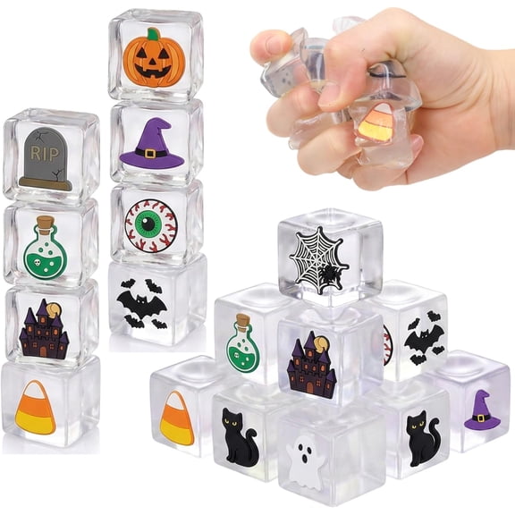 Halloween Clear Ice Cube Squishy Toys, Spooky Mini Stress Relief Fidget Toys for Kids & Adults, Halloween Party Favors Goody Bag Fillers (12-Pack)