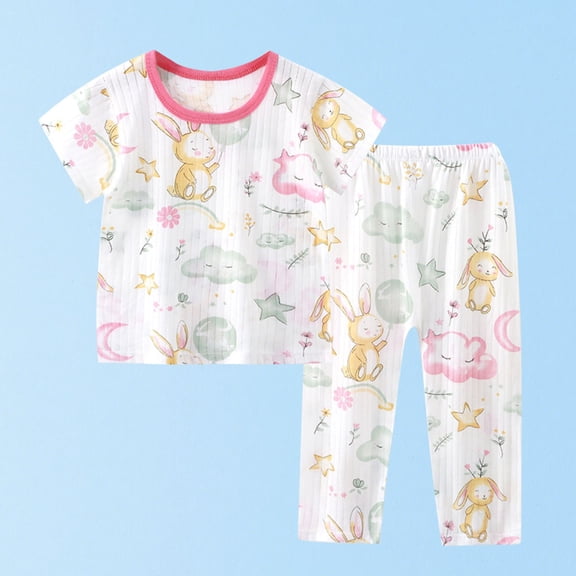 Spazoro Girls Outfit Sets, 2 PC Summer 100%Cotton T-Shirts and Pants Rabbit Print Sleepwear Pjm Sets for Kids Pink Size 5 T