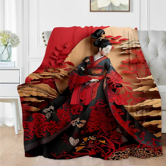 Vintage Asian-Inspired Beauty Print Flannel Throw Blanket - All-Season Ultra-Soft Knitted Polyester - Digital Print Contemporary Style for Sofa and Bed