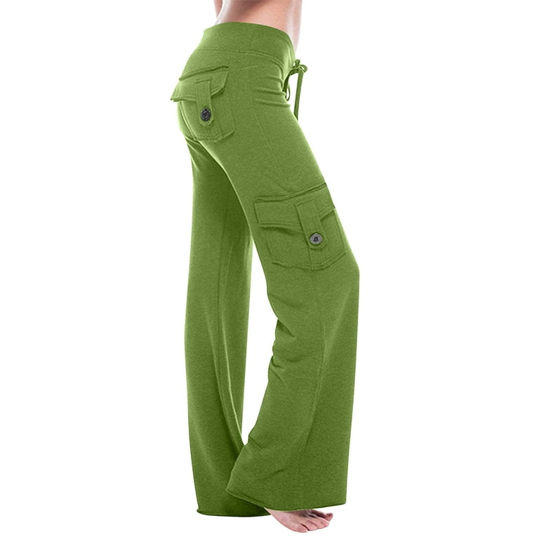 Wide Leg Yoga Pants for Women Plus Size Stretch Waistband Lace-up Flare  Lounge Sweatpants with Multi Pockets (XX-Large, Green)
