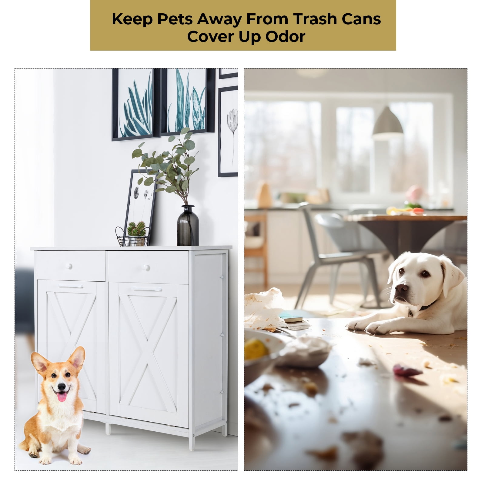 LAZY BUDDY Double Tilt-out Trash Cabinet Free Standing Kitchen Garbage Bin Recycling Cabinet Wooden Hideaway Trash Cans Holder (2x 10 Gallon)- White