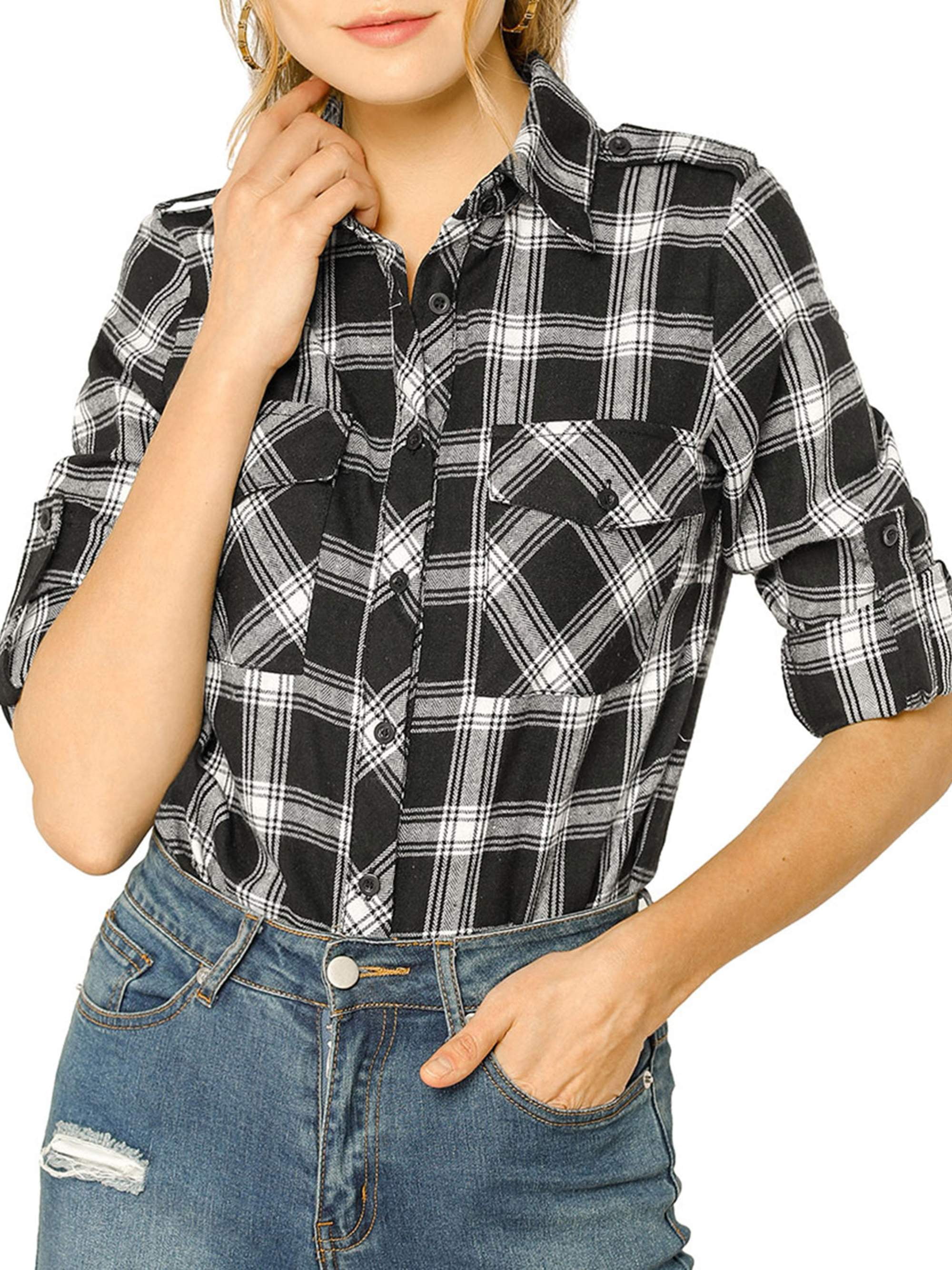 Unique Bargains - Women's Check Roll Up Sleeves Button Down Brushed