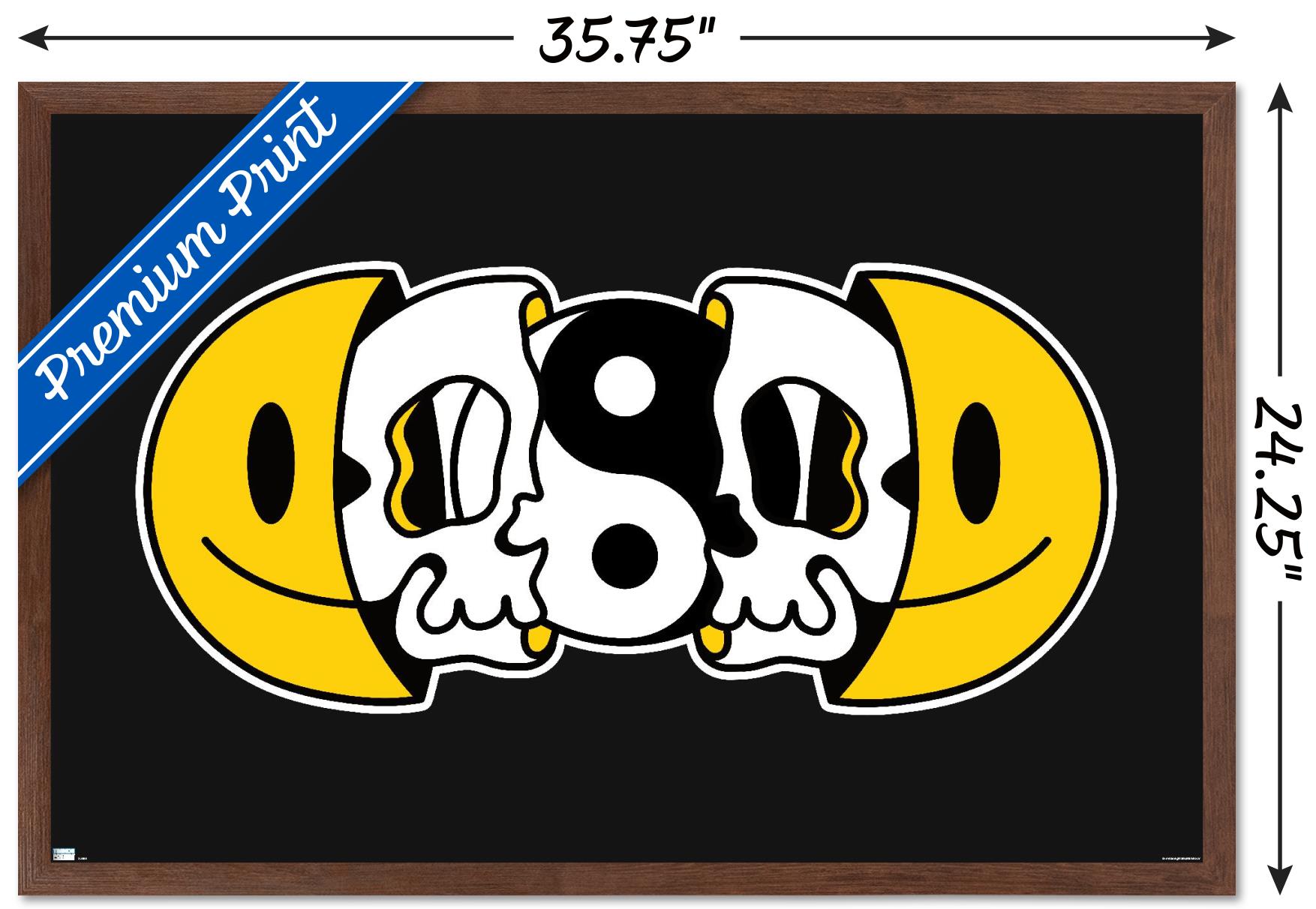Yin Yang Smile Face Skull Wall Poster, 22.375" x 34" Framed