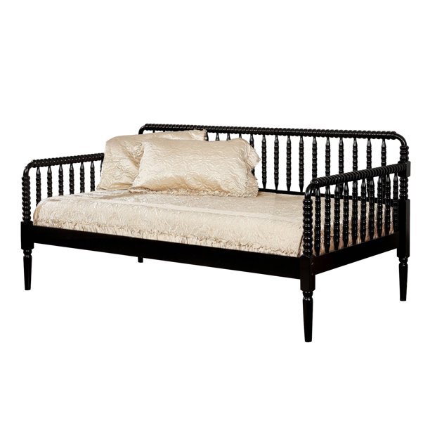 Wooden Twin Size Daybed with Spool Bed Frame and Railing Headboard, Black