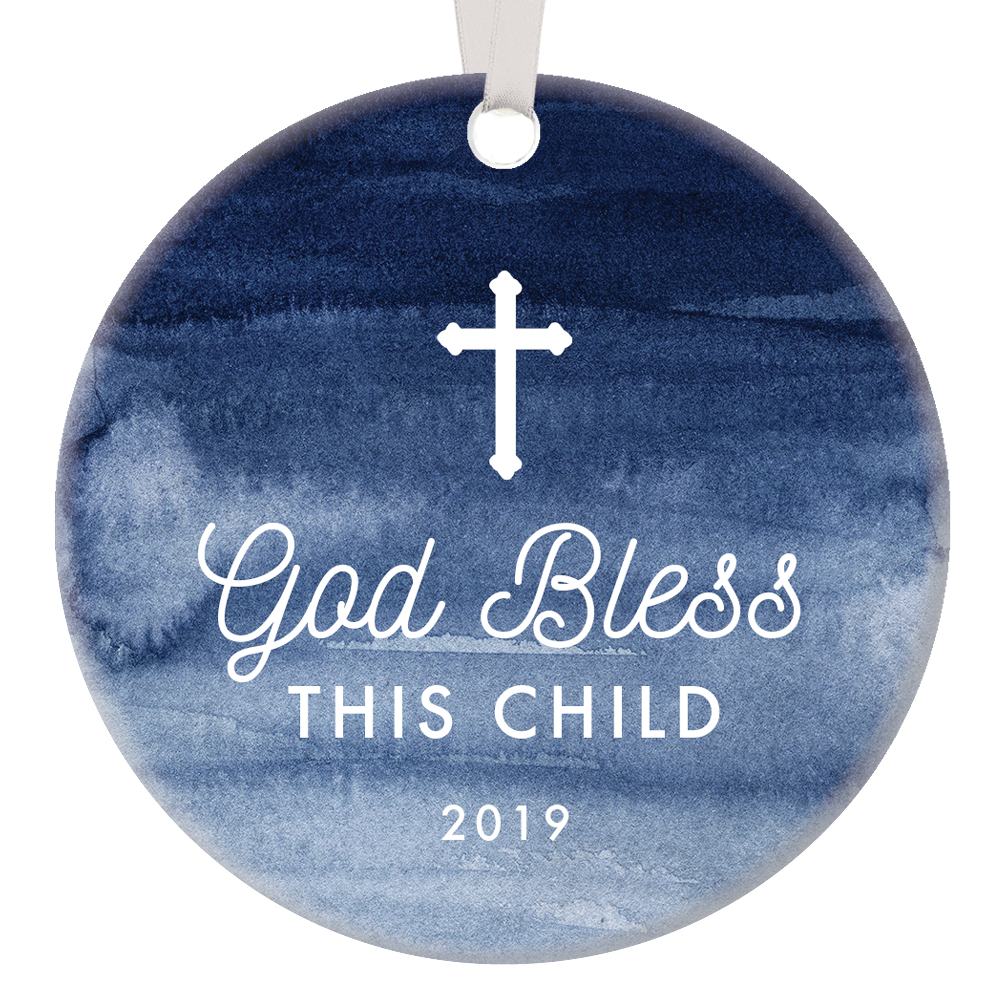 Baby Baptism Ornament Gift Christmas 2019 Keepsake God Bless This Child New Parents Boy Girl Infant Baby's First Holiday Christian Christening Present Watercolor Blue 3” Ceramic Decoration OR01306 - image 1 of 2