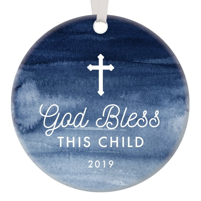 Baby Baptism Ornament Gift Christmas 2019 Keepsake God Bless This Child New Parents Boy Girl Infant Baby's First Holiday Christian Christening Present Watercolor Blue 3” Ceramic Decoration OR01306