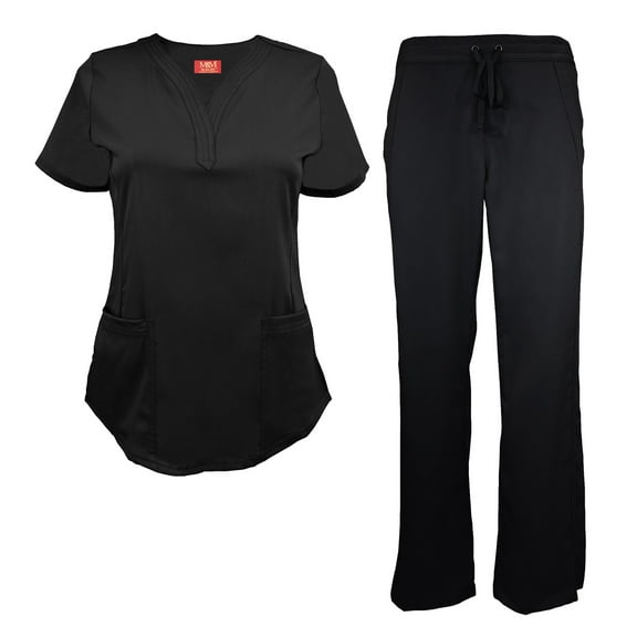 Natural Uniforms Women's Ultra Soft Stretch Drop-Neck 2 Pocket Scrub Top and Pants 82009200N (Black, X-Large)