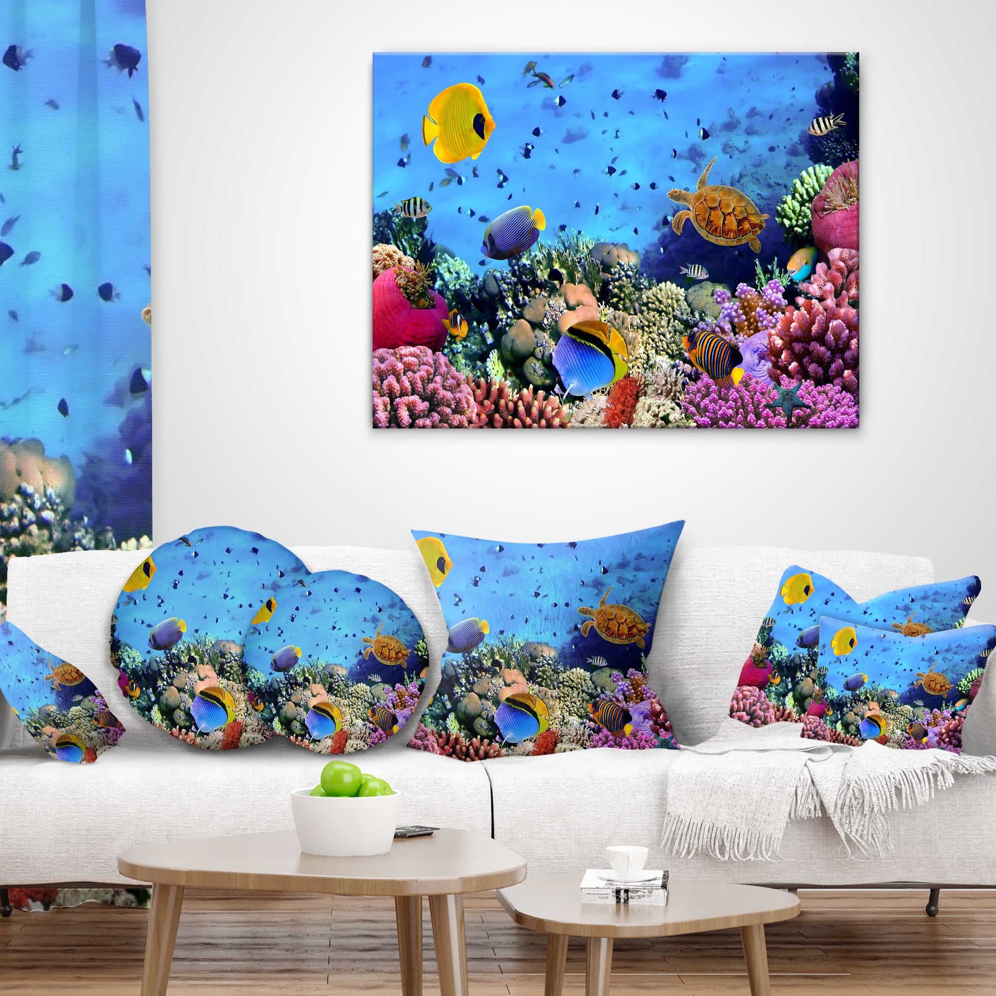 Designart Coral Colony and Coral Fishes - Seascape Throw Pillow - 18x18