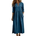 thumbnail image 2 of Jovrlynd Fall Midi Dresses for Women V Neck 3/4 Sleeve Cotton Linen Casual Boho Dress with Pockets 2026, S-2XL, 2 of 7