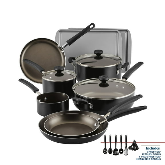 Farberware Easy Clean 22 Pcs Nonstick Cookware Set Includes Griddle Pan and Cooking Tools, Dishwasher Safe, Black