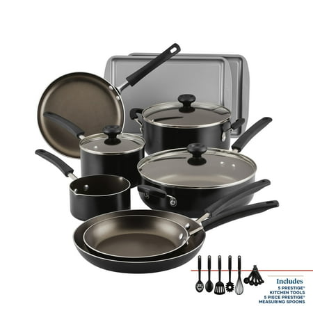 Farberware Easy Clean 22 Pcs Nonstick Cookware Set Includes Griddle Pan and Cooking Tools, Dishwasher Safe, Black