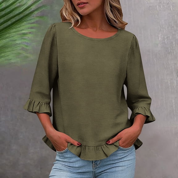 Xdegoge Babydoll Tops for Women Round Neck Regular Fit Tunic Tops 3/4 Sleeve Ruffled Blouses Solid Textured Lounge Casual Outfits