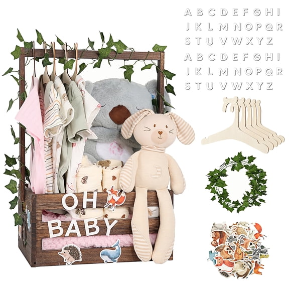 TeSabMi Baby Shower Crate Closet, Wooden Baby Shower Gift Basket with Alphabet Letters, 5 Clothes Hangers and Vine, Brown