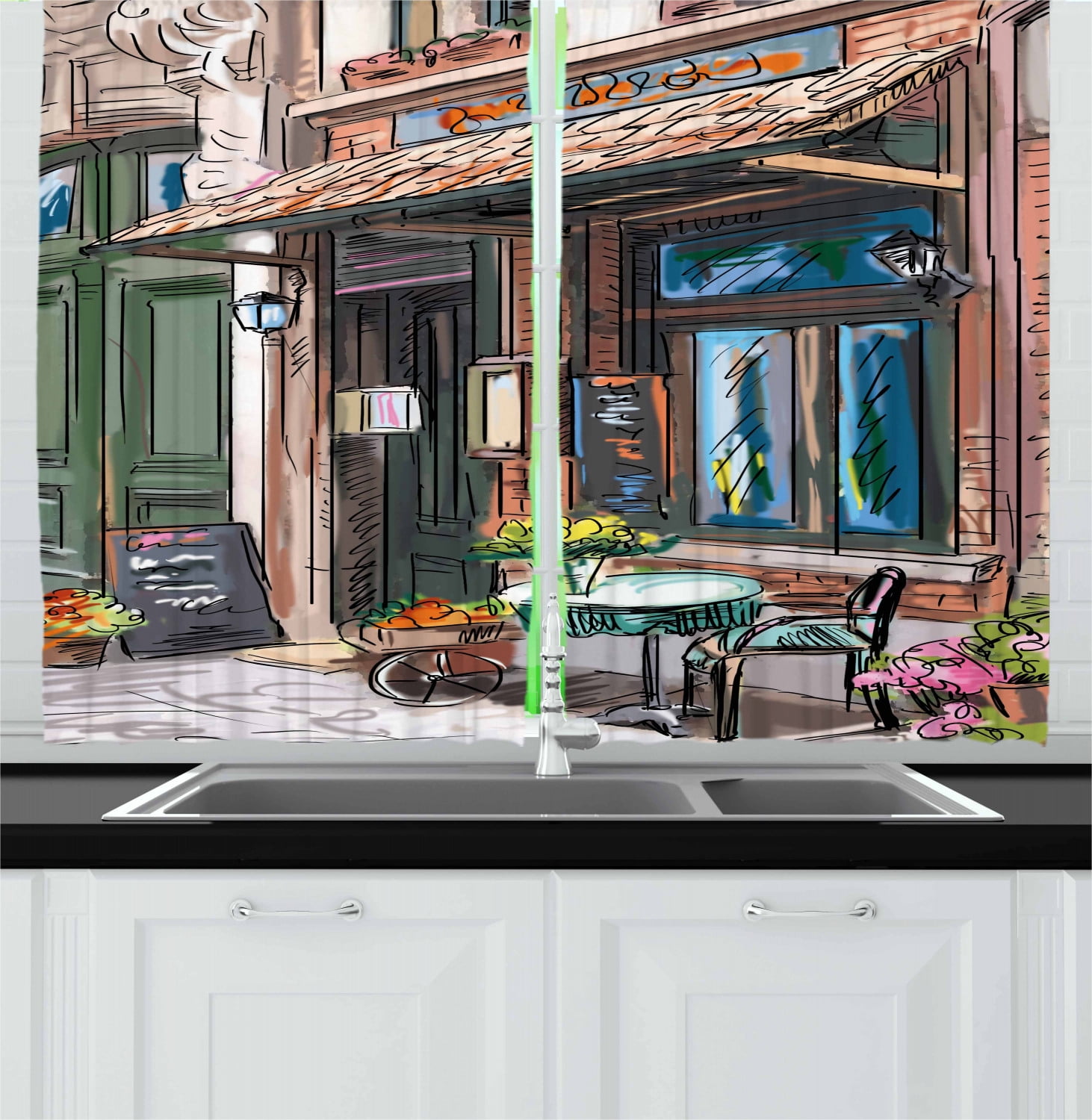 City Curtains 2 Panels Set, Street in Paris Cafe Illustration Holiday Theme Summer Season Eating Drinking Cartoon, Window Drapes for Living Room Bedroom, 55W X 39L Inches, Multicolor, by Ambesonne