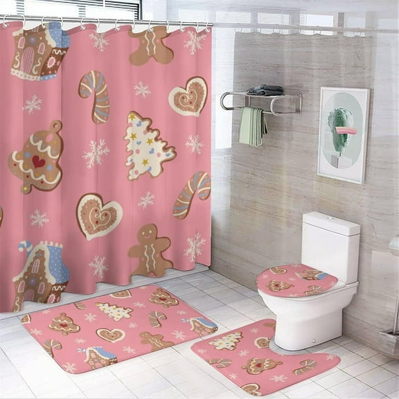 Pink Cute Christmas Gingerbread 4PCS Shower Curtain with Bathroom Sets and Rugs Decor Candy Cane Shower Curtain Sets with Non-Slip Rug Toilet Lid Cover U-Shaped Mat with Hooks 72"x72"