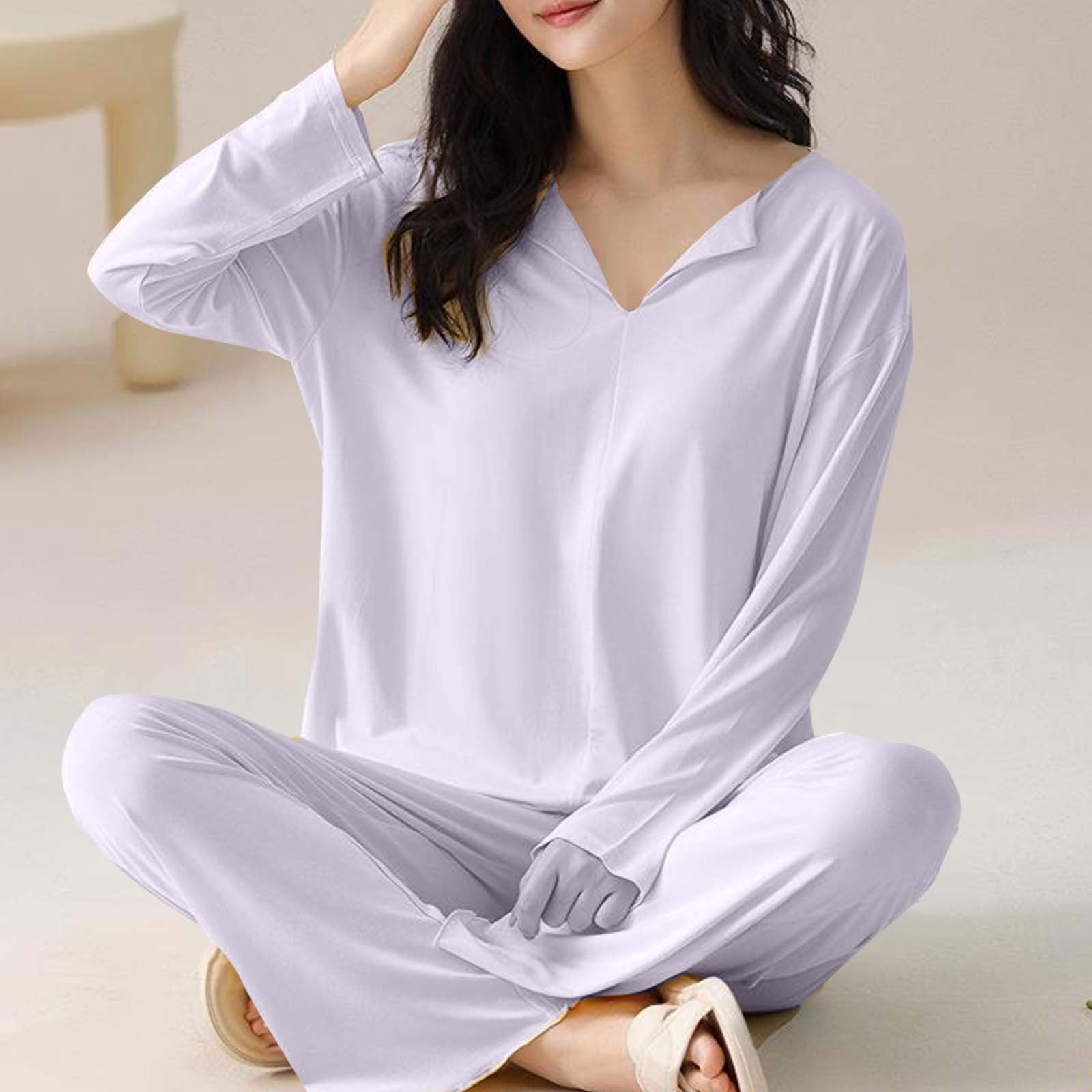 Oalirro Pajamas for Women Set 2 Piece Solid Color Soft Long Sleeve Pjs Pullover Top with Pants Breathable Loungewear Home Pajama Sets