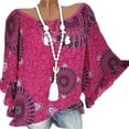 thumbnail image 2 of Women T-shirt Digital Print Loose Top Bohemian Ruffled Blouse, Red, S, 2 of 4