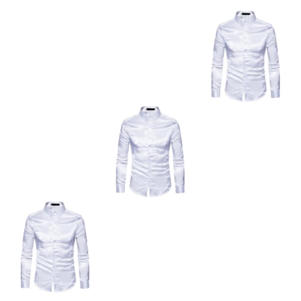Jumpingount Camisa transpirable para hombre Satén con mangas largas - Trabajo Boda o hogar Camisa para hombre Manga larga formal Grande blanco XL Type1 NO1