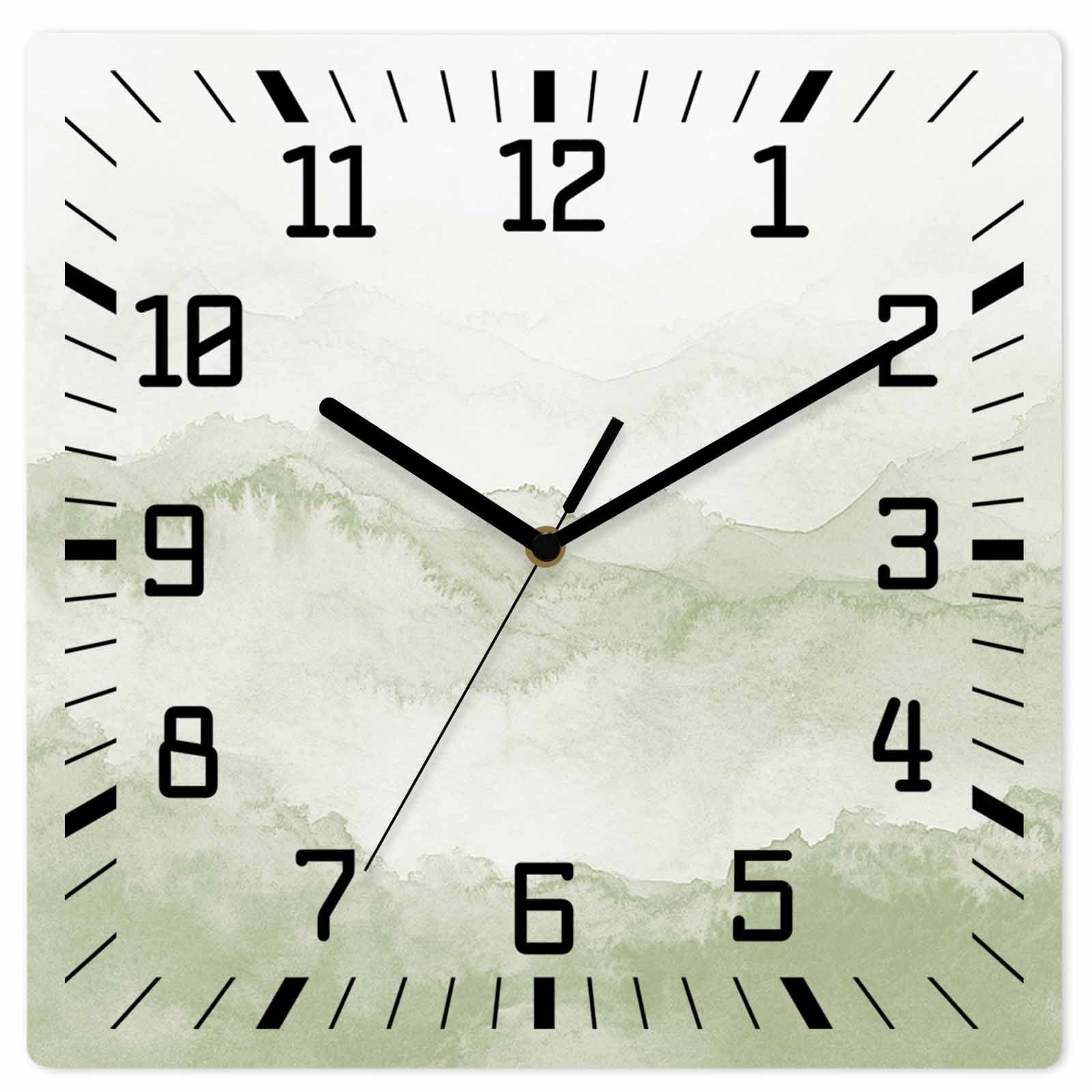 Sage Green Ombre Mountain Wooden Wall Clock Silent Non Ticking, Nature Abstract Art Marble Square Wall Clocks Battery Operated, Decor Clock for Home Office, Living Room, Kitchen, 10 Inch