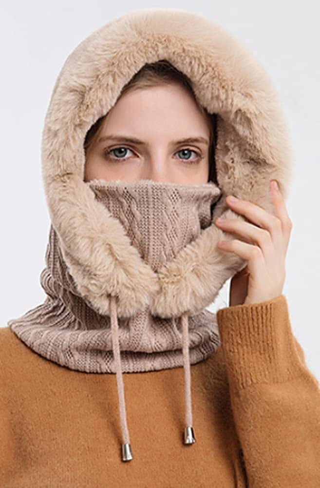 CoCopeaunts Women Winter Fleece Beanie Hat One-Piece Drawstring Knit Beanie Hats Scarf Mask Ski Snow Skull Hat Cap