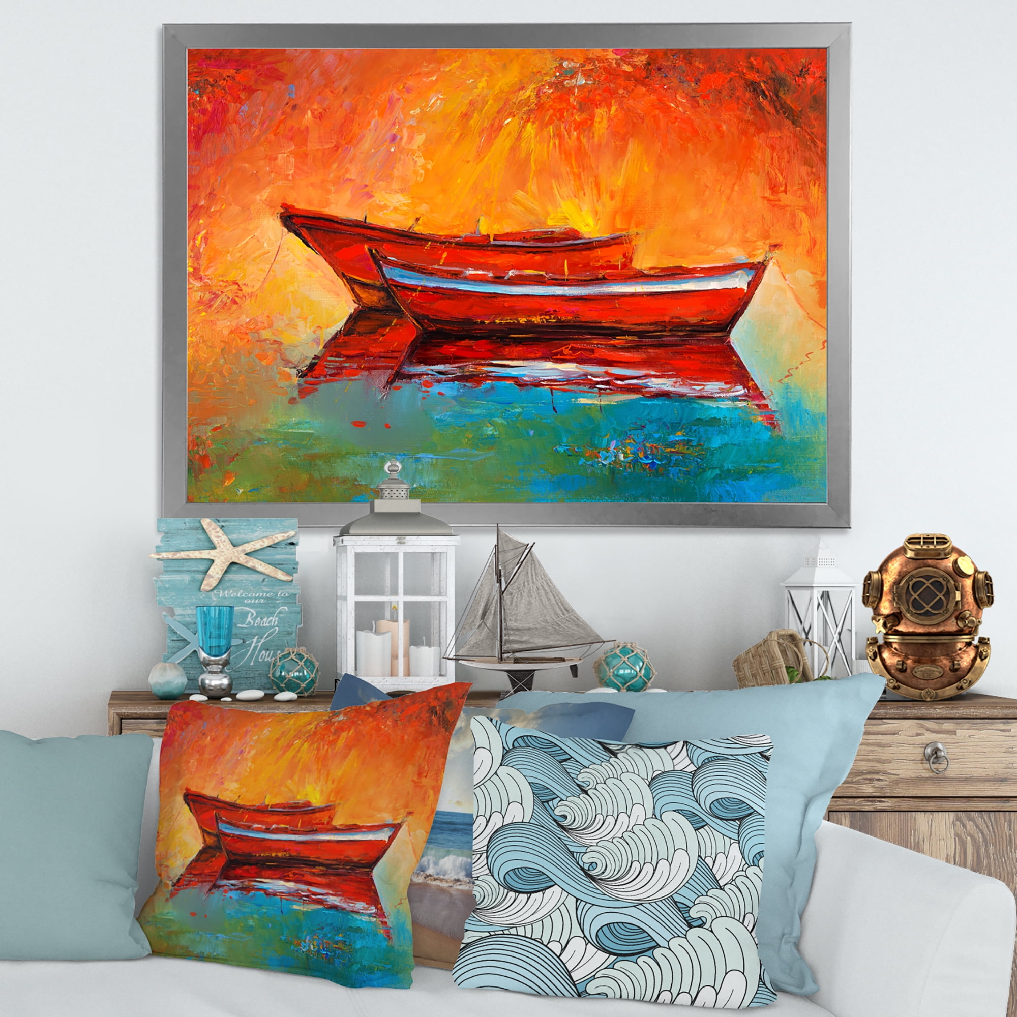 Two Red Boats During Sunset In Lake 32 in x 24 in Framed Painting Canvas Art Print, by Designart
