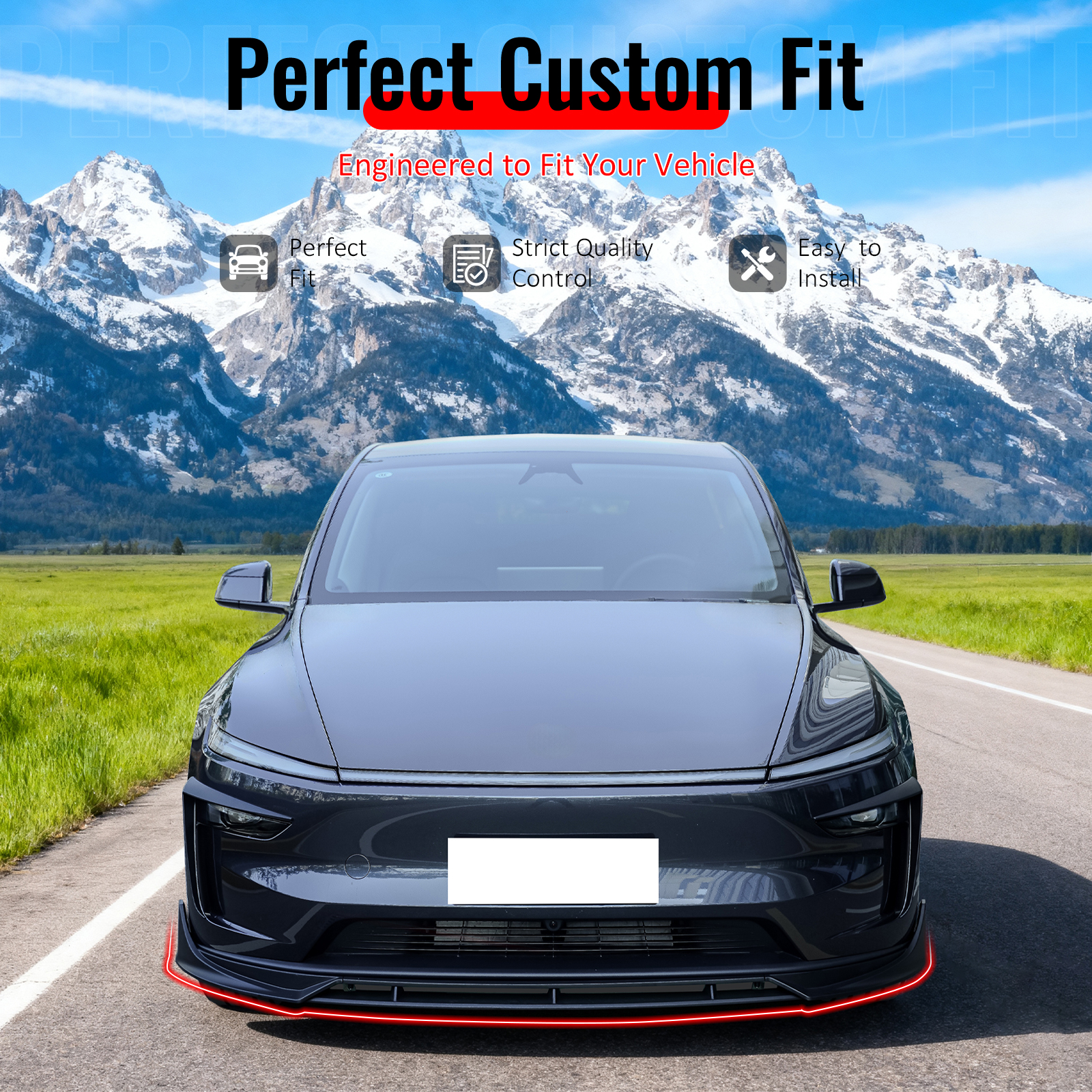 Ikon Motorsports Front Bumper Lip, Compatible with 2025-2026 Tesla Model Y Juniper, IKON Style Matte Black ABS Plastic Air Dam Chin Spoiler Protector Splitter 4PC