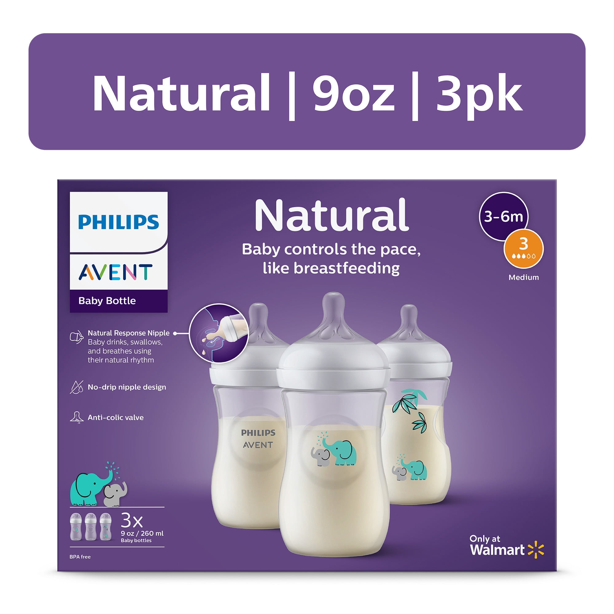 (2 pack) Philips Avent Natural Baby Bottle with Natural Response Nipple, Teal Elephant, 9oz, 3pk, SCY903/69