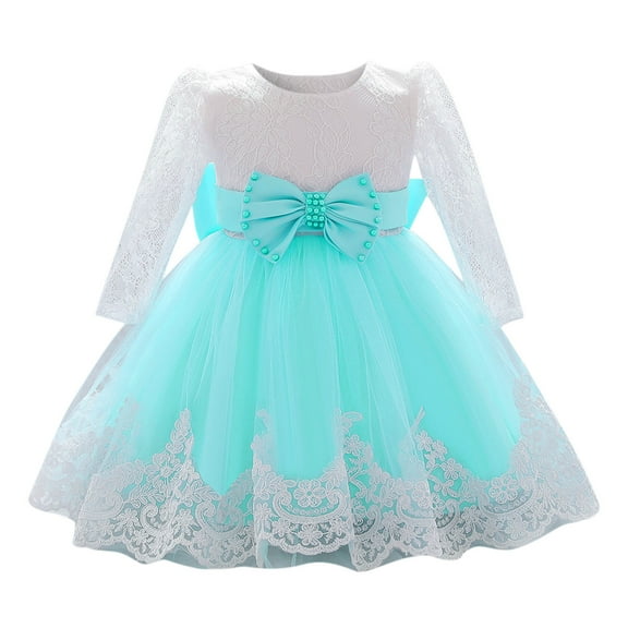 Youmylove Baby Girls Ruffle Long Sleeve Lace Bowknot Flower Dresses Pageant Party Wedding Princess Dress Baby Summer Autumn Clothing