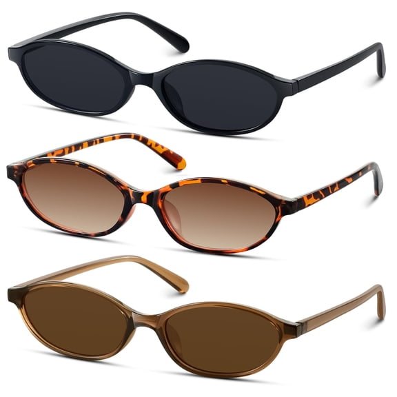 Retro Oval Sunglasses for Women 90s Design Small Cat Eye Sun Glasses UV Protection Trendy Narrow Shades-3pcs