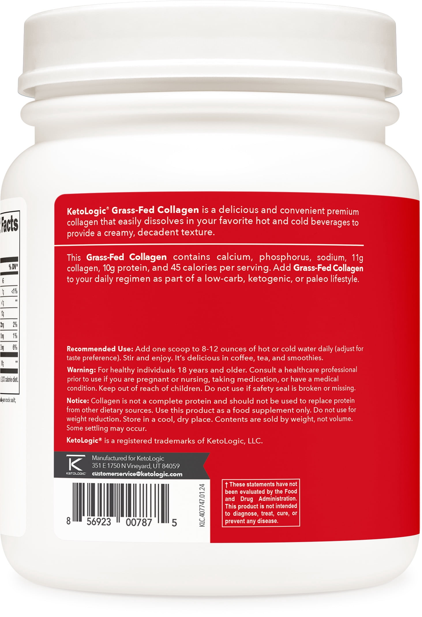Ketologic Grass-Fed Collagen Hydrolysate Powder (Vanilla) 1 LB - Bovine Sourced Peptides Supplement for Women and Men