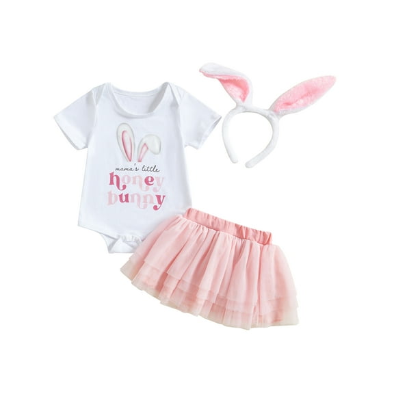 Baby Toddler Girls Easter Skirt Outfits 3 6 12 18 Months Short Sleeve Letter Bunny Print Romper Tulle Skirt Headband Clothing Set