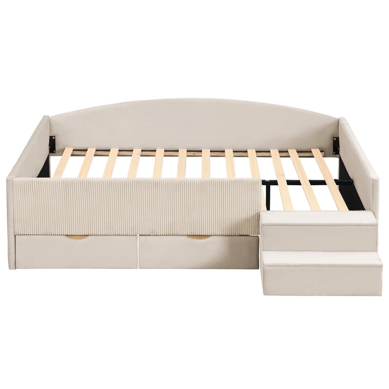Full Size Kids Daybed Frame with Small Stair & 2 Storage Drawers, Velvet+Corduroy Dual Upholstered Accent Platform Bed
