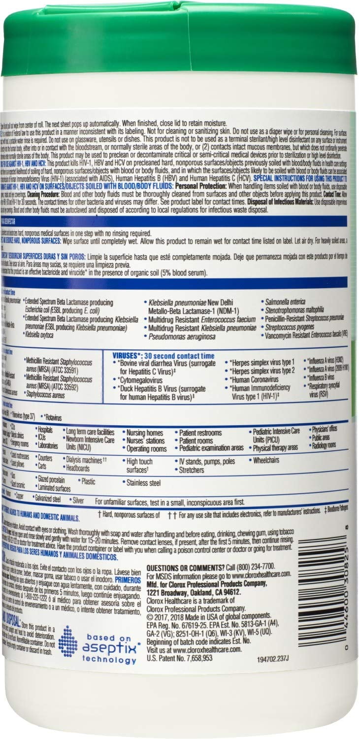 CloroxPro Hydrogen Peroxide Cleaner Disinfectant Wipes, 155 Count Canister - Case of 6 (30825)