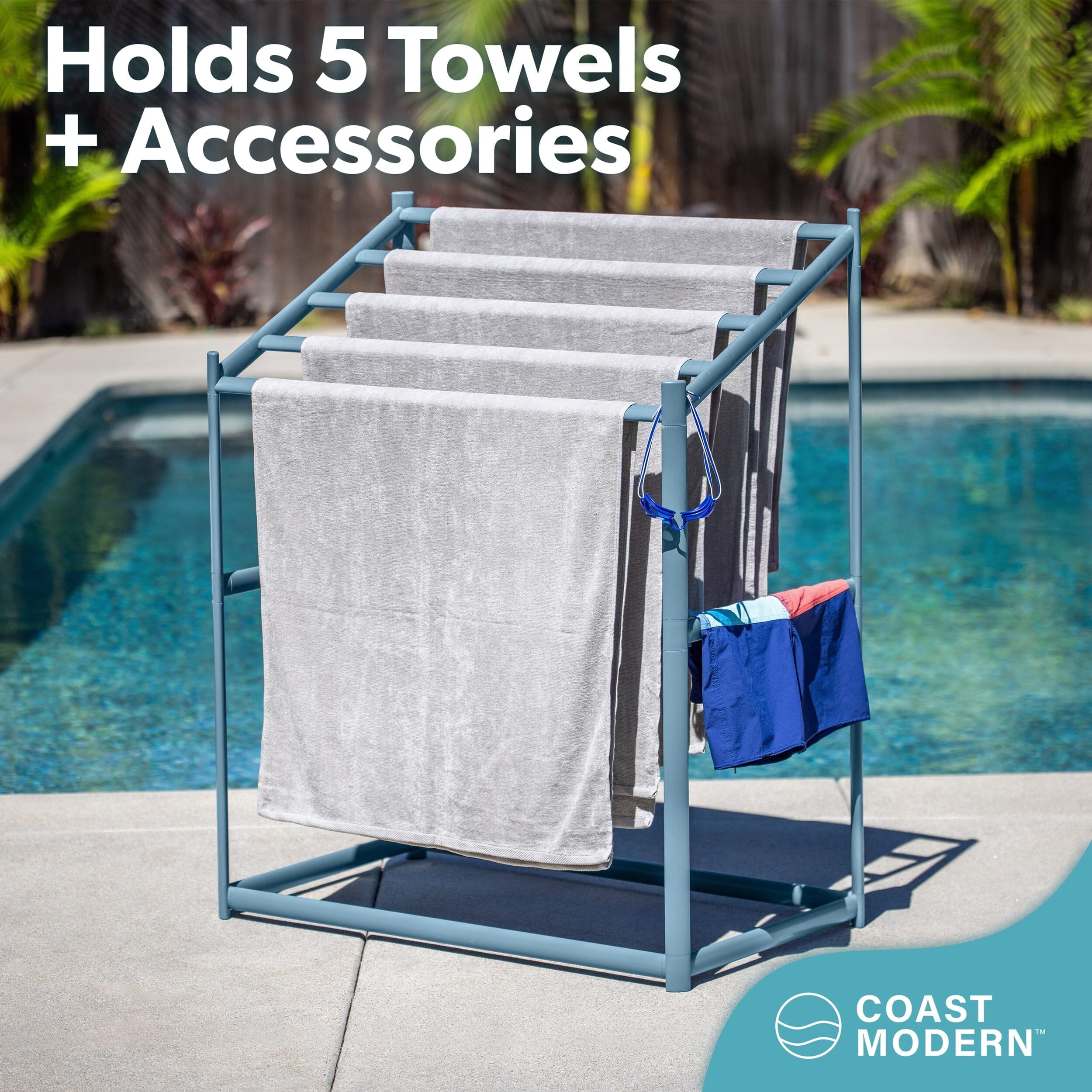 Coast Modern Pool Towel Rack – 5 Beach Towel PVC Drying Rack for Outdoor & Indoor Use - Stone Blue