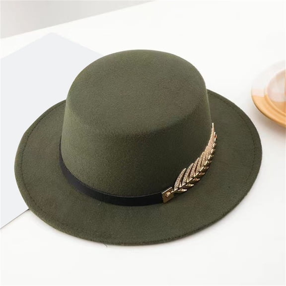 Classic Round Flat Top Hat for Men and Women, Solid Color Wool Felt Dress Hat, Wide Brim Formal Hat for Wedding, Church, Tea Party, and Special Events - Blackish Green