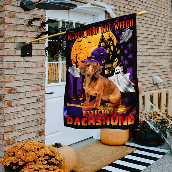 Flagwix Halloween Flag, Never Mind The Witch Beware Of The Dachshund Halloween Decoration, Fall Decor, Outdoor Canvas Double-sided Printed Flag 30x40 House Flag