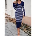thumbnail image 3 of Women's Striped Slim Fitted V Neck Long Sweater Dress Fall Long Sleeve Ribbed Knit Bodycon Dress, 3 of 5
