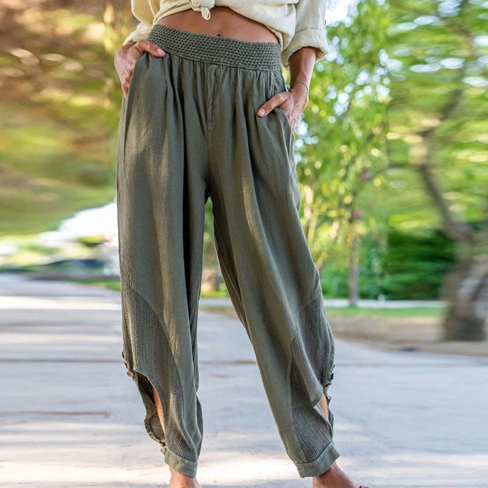 Womens Elastic Waist Linen Pants Cut Out Bottom Wide Leg Loose Beach Pants  with Pockets Plus Size Boho Trousers (XX-Large, White) 