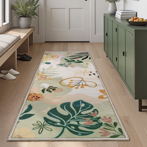 Joyfy Soft Floral Washable Runner Rug 2'x6' Non-Slip Kitchen Carpet with Rubber Backing for Entryway, Laundry, Bedroom, Indoor Use (Green)